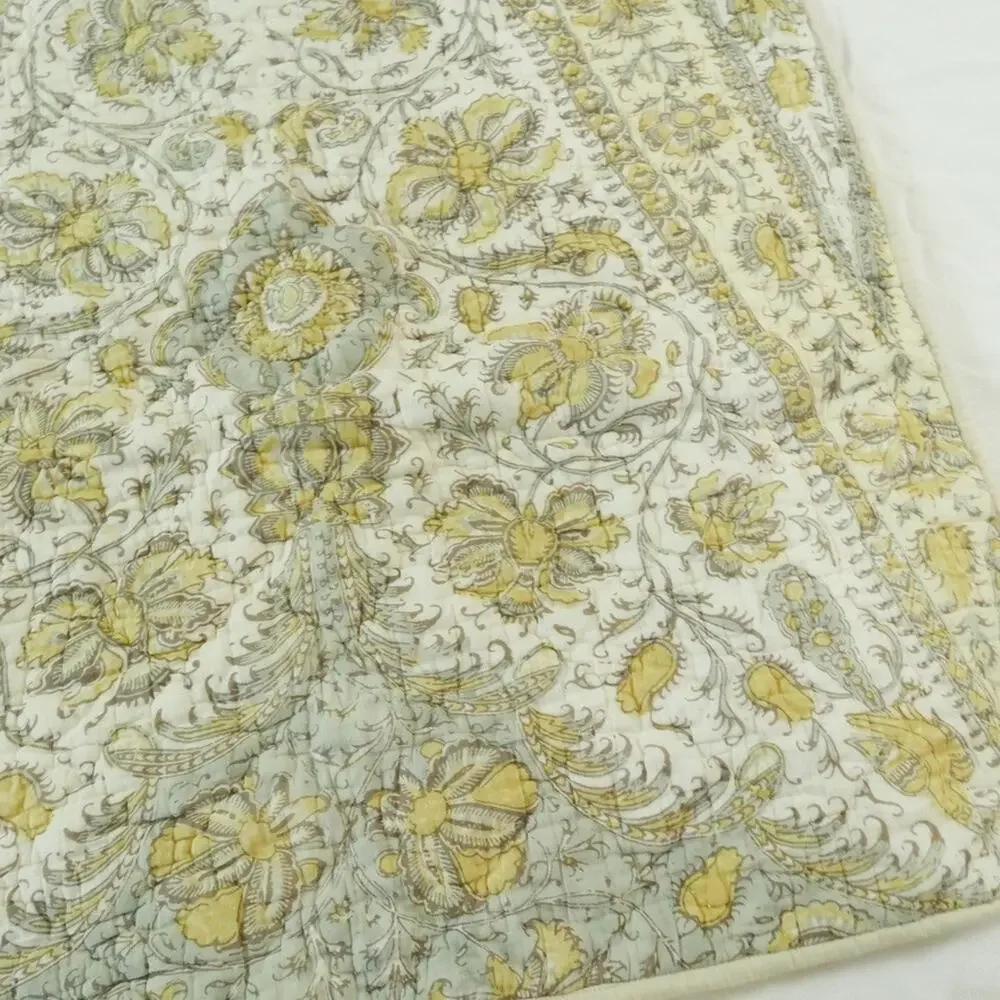 Pottery Barn Quilted Pillow Sham‎ Euro Square Yellow Floral Scroll Boho Neutral